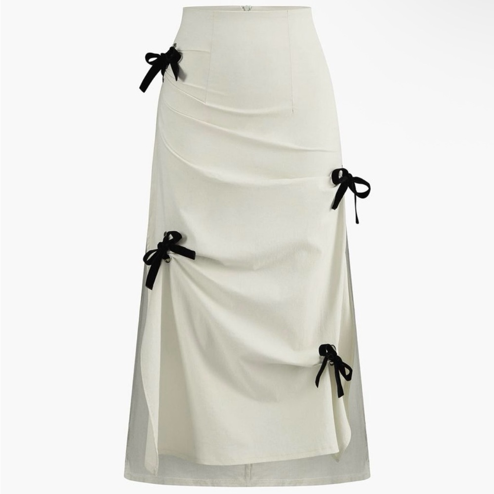 Commense Cotton & Linen Bow Decor Spilt Midi Skirt